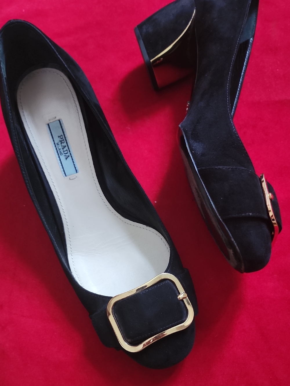 Prada Black Suede Block Heel Pumps with Gold Buckle Size 40